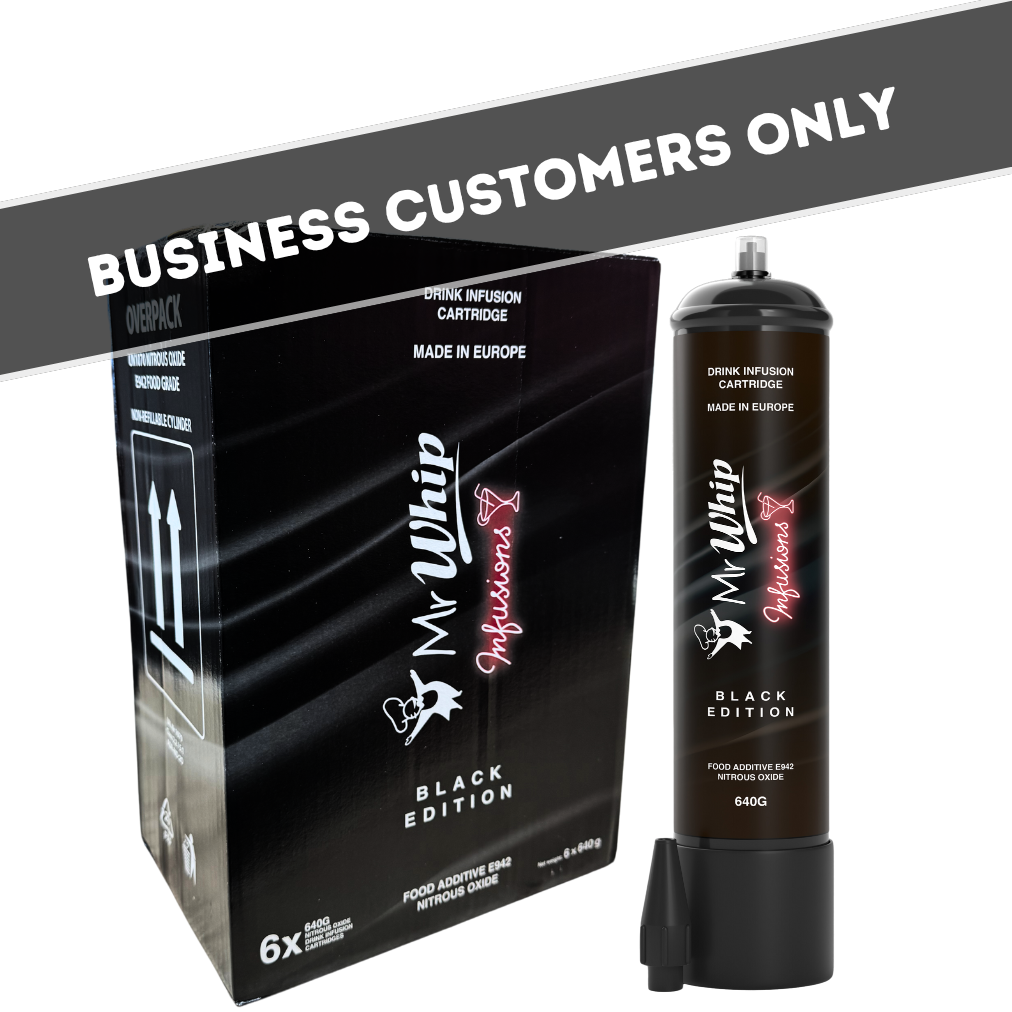 6 x mr whip infusions black edition 640g cylinder n2o cream chargers (case) 6 x mr whip infusions black edition 640g cylinder n2o cream chargers (case)